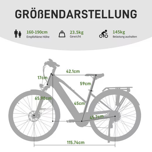 E-Bike Cityrad DERUIZ E-bike Quatrz-M 28 Zoll, leichtes City Pedelec 23.5kg